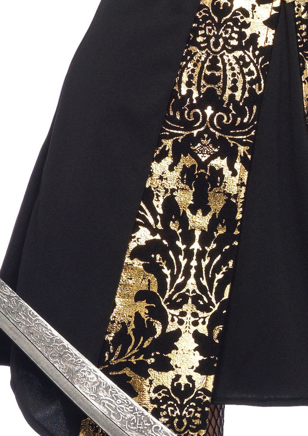 4 PC Black Sea Buccaneer Costume, Includes Dress with Gold Brocade Trim, Sleeves with Wrap Accent, Crossbody Belt, and Matching Hat