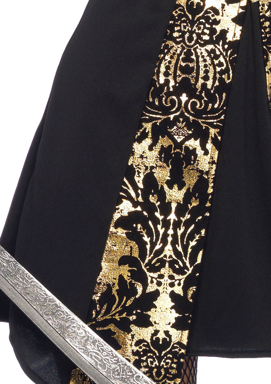 4 PC Black Sea Buccaneer Costume, Includes Dress with Gold Brocade Trim, Sleeves with Wrap Accent, Crossbody Belt, and Matching Hat