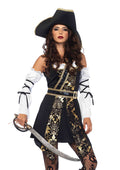 4 PC Black Sea Buccaneer Costume, Includes Dress with Gold Brocade Trim, Sleeves with Wrap Accent, Crossbody Belt, and Matching Hat