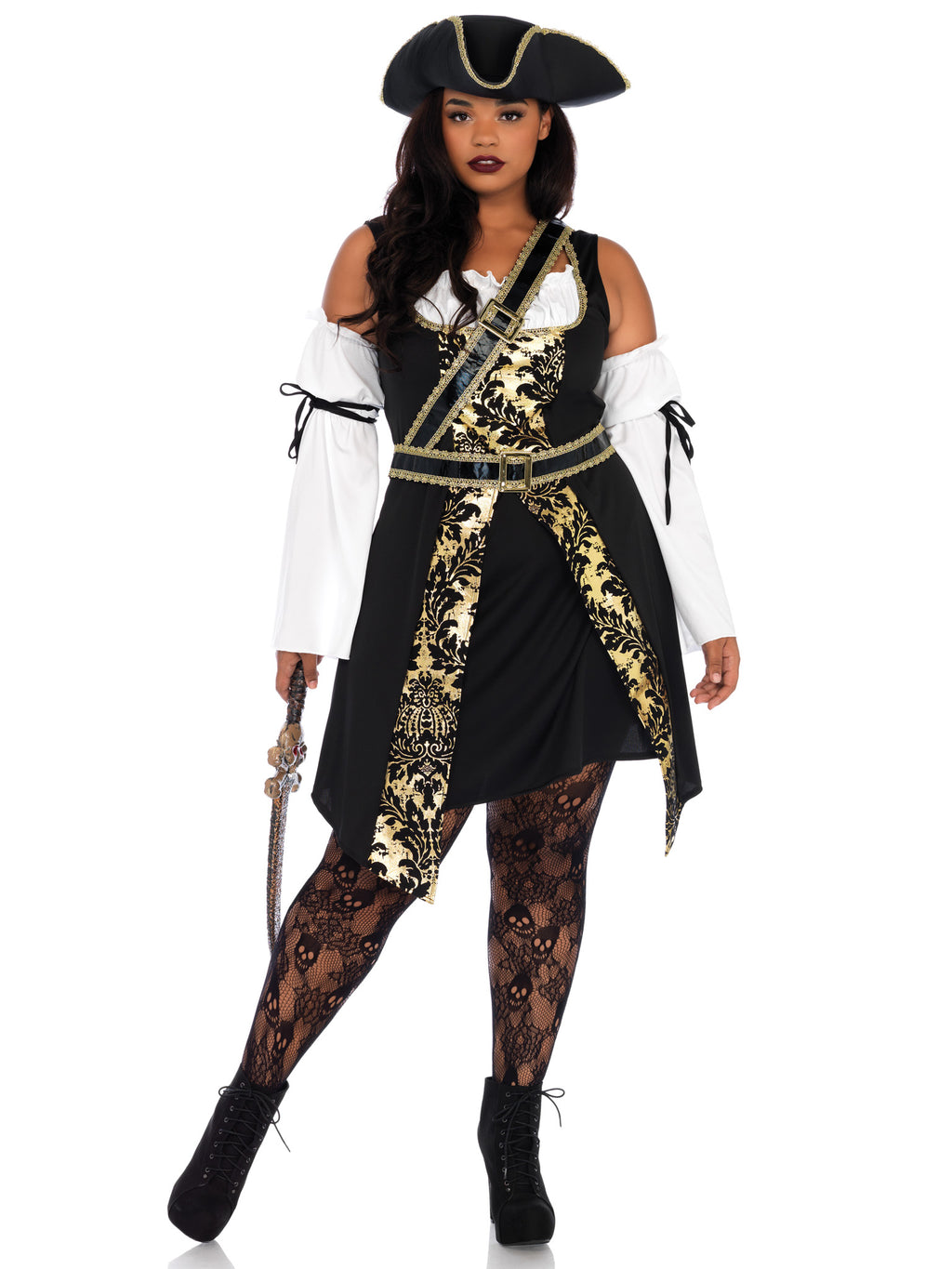 Plus Size 4 PC Black Sea Buccaneer Costume, Includes Dress with Gold Brocade Trim, Sleeves with Wrap Accent, Crossbody Belt, and Matching Hat
