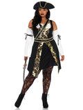 Plus Size 4 PC Black Sea Buccaneer Costume, Includes Dress with Gold Brocade Trim, Sleeves with Wrap Accent, Crossbody Belt, and Matching Hat
