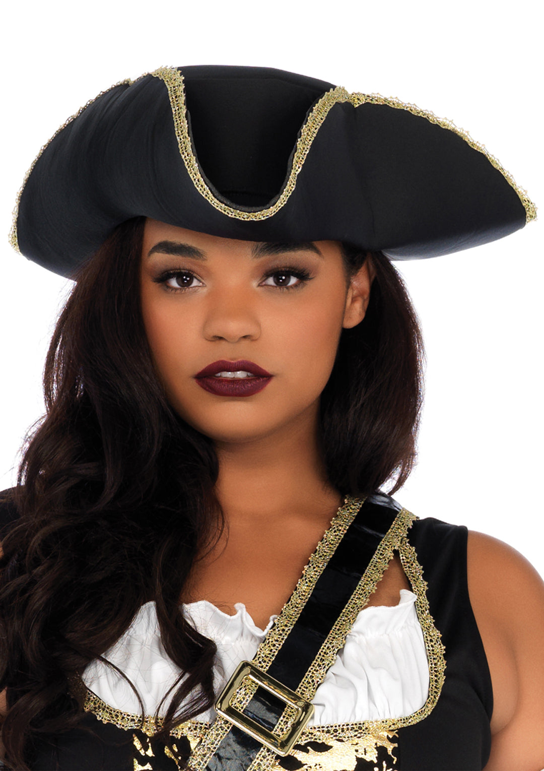 Plus Size 4 PC Black Sea Buccaneer Costume, Includes Dress with Gold Brocade Trim, Sleeves with Wrap Accent, Crossbody Belt, and Matching Hat