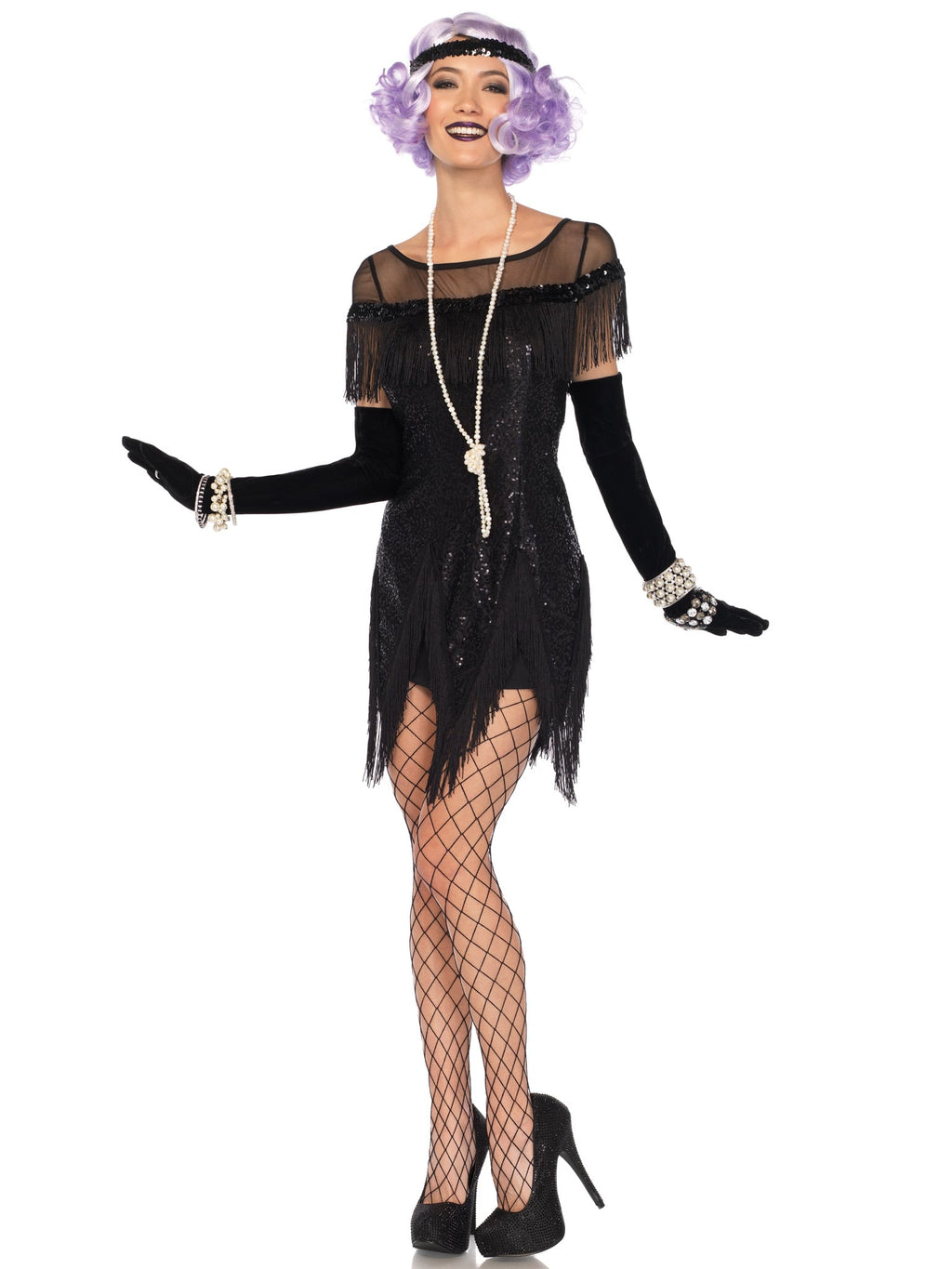 2 PC Foxtrot Flirt Costume, Includes Fringe Trimmed Sequin Dress with Zigzag Hem and Sequin Headband