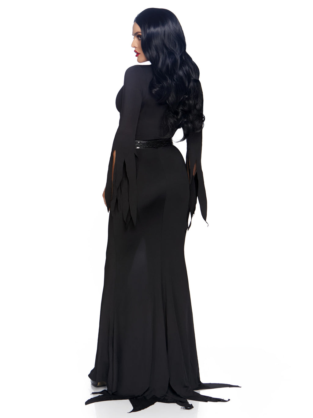 3 PC Immortal Mistress Costume, Includes Deep-V Body Hugging Dress with Classic Tentacle Hem and Tattered Sleeves, Sequin Belt, and Glitter Bat Necklace