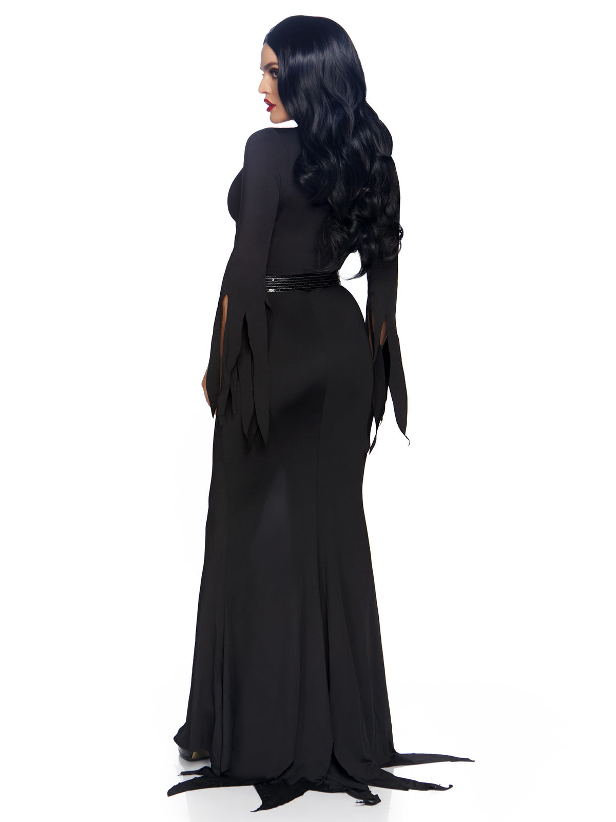 3 PC Immortal Mistress Costume, Includes Deep-V Body Hugging Dress with Classic Tentacle Hem and Tattered Sleeves, Sequin Belt, and Glitter Bat Necklace