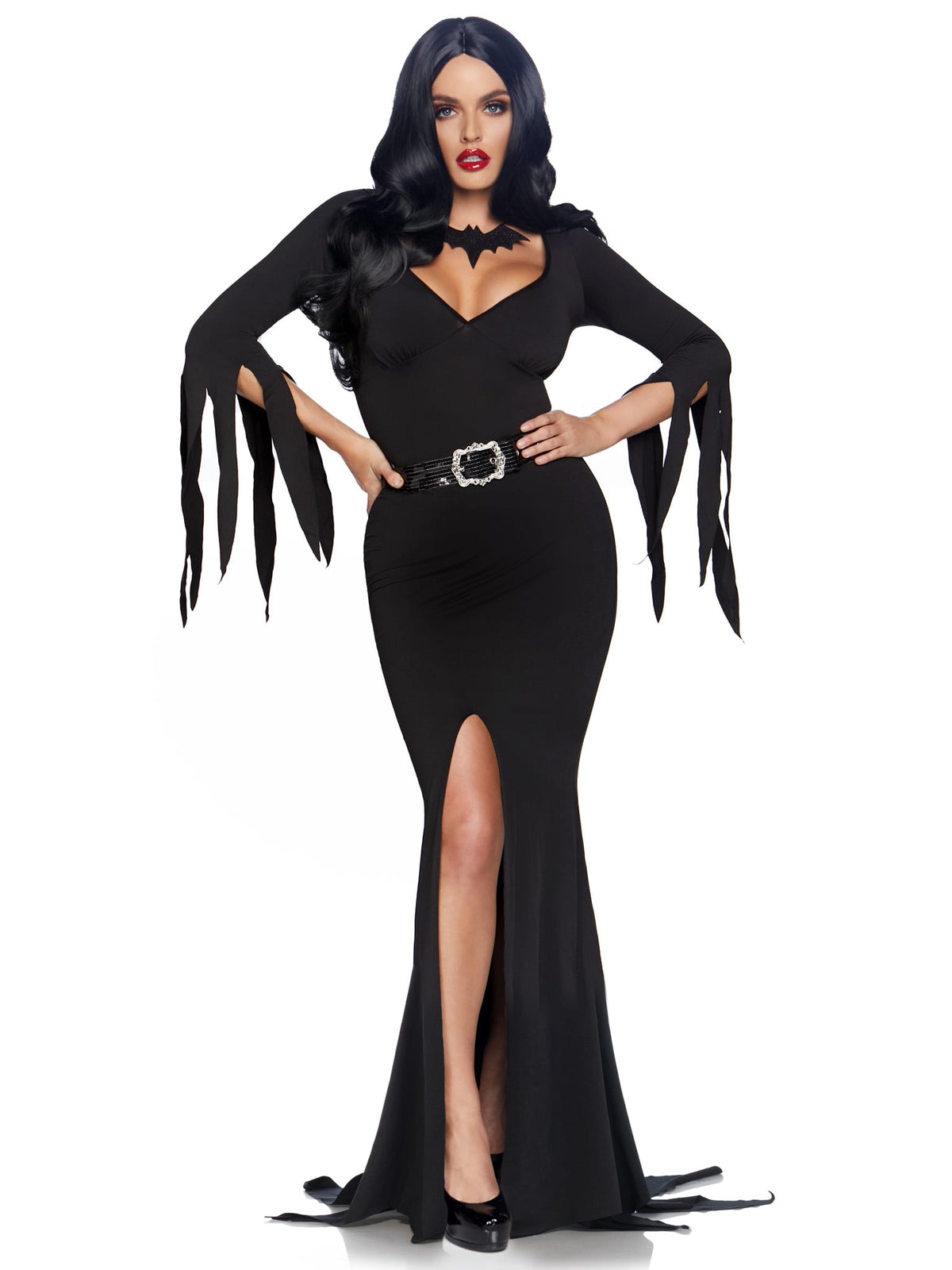 3 PC Immortal Mistress Costume, Includes Deep-V Body Hugging Dress with Classic Tentacle Hem and Tattered Sleeves, Sequin Belt, and Glitter Bat Necklace