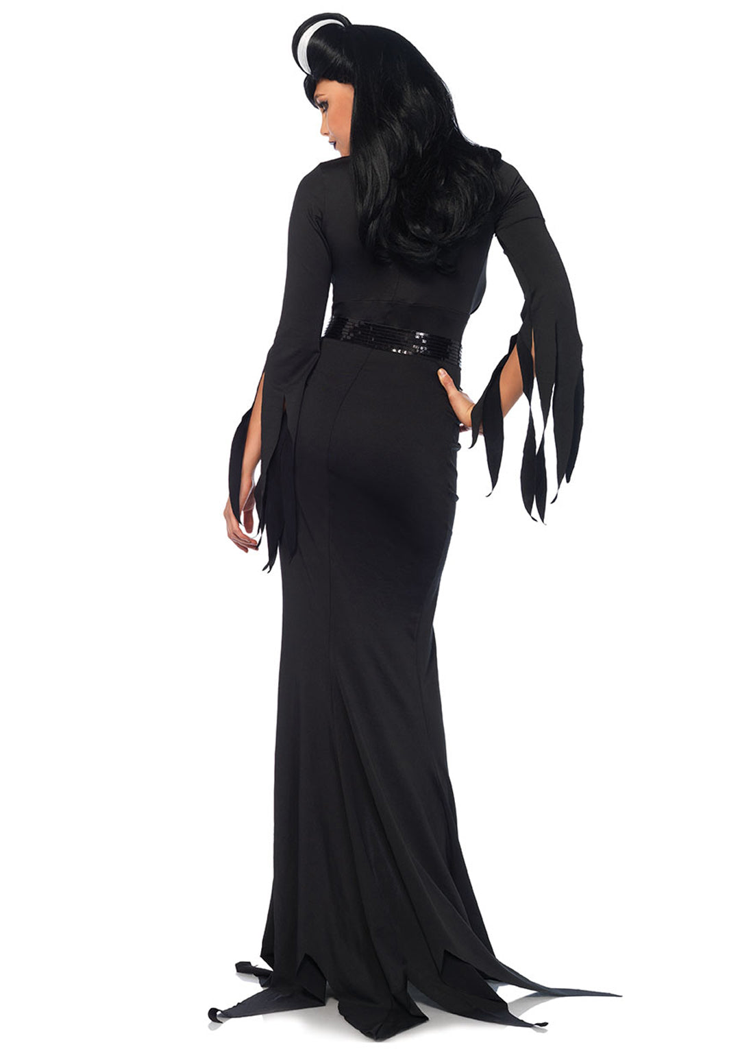 3 PC Immortal Mistress Costume, Includes Deep-V Body Hugging Dress with Classic Tentacle Hem and Tattered Sleeves, Sequin Belt, and Glitter Bat Necklace