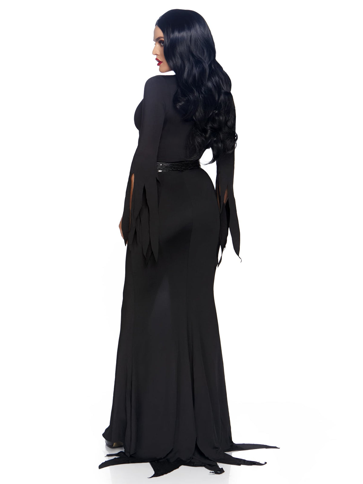 3 PC Immortal Mistress Costume, Includes Deep-V Body Hugging Dress with Classic Tentacle Hem and Tattered Sleeves, Sequin Belt, and Glitter Bat Necklace