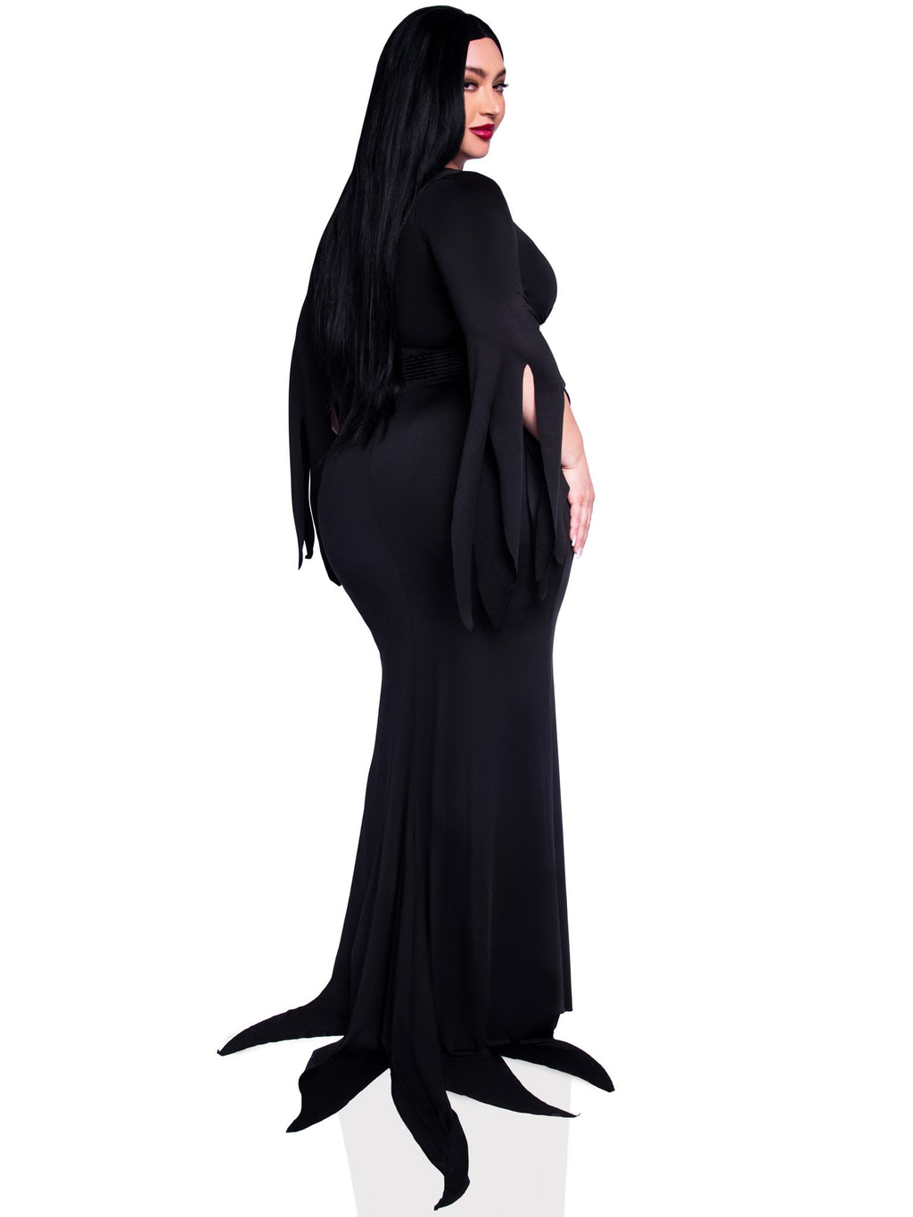 Plus Size 3 PC Immortal Mistress Costume, Includes Deep-V Body Hugging Dress with Classic Tentacle Hem and Tattered Sleeves, Sequin Belt, and Glitter Bat Necklace