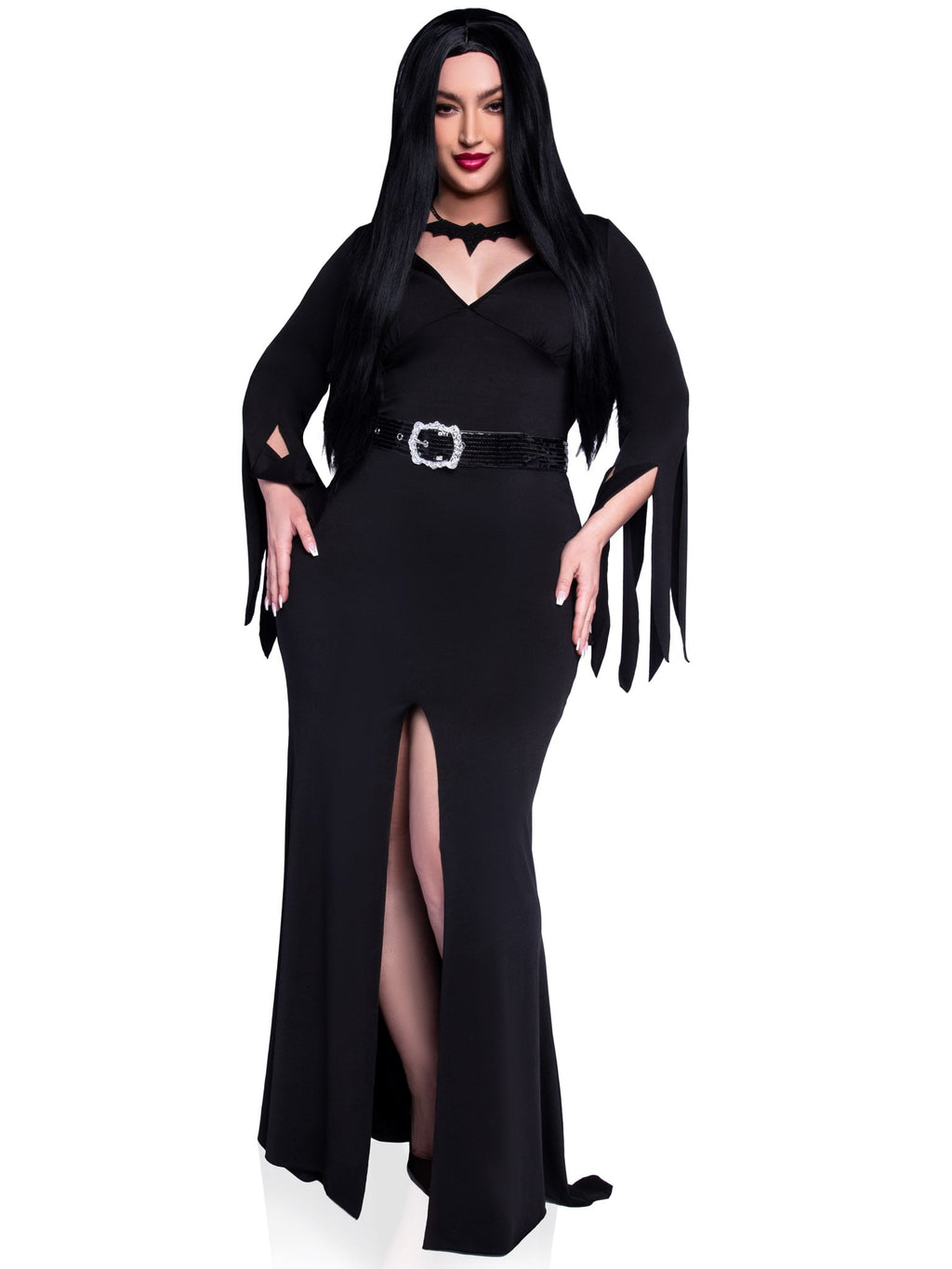 Plus Size 3 PC Immortal Mistress Costume, Includes Deep-V Body Hugging Dress with Classic Tentacle Hem and Tattered Sleeves, Sequin Belt, and Glitter Bat Necklace