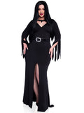 Plus Size 3 PC Immortal Mistress Costume, Includes Deep-V Body Hugging Dress with Classic Tentacle Hem and Tattered Sleeves, Sequin Belt, and Glitter Bat Necklace