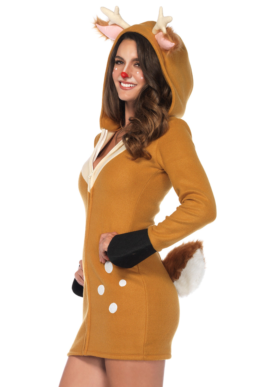 1 PC Cozy Fawn Costume, Includes Zipper Front Fleece Dress with Fuzzy Ear Hood and Furry Fawn Tail