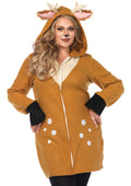 Plus Size 1 PC Cozy Fawn Costume, Includes Zipper Front Fleece Dress with Fuzzy Ear Hood and Furry Fawn Tail