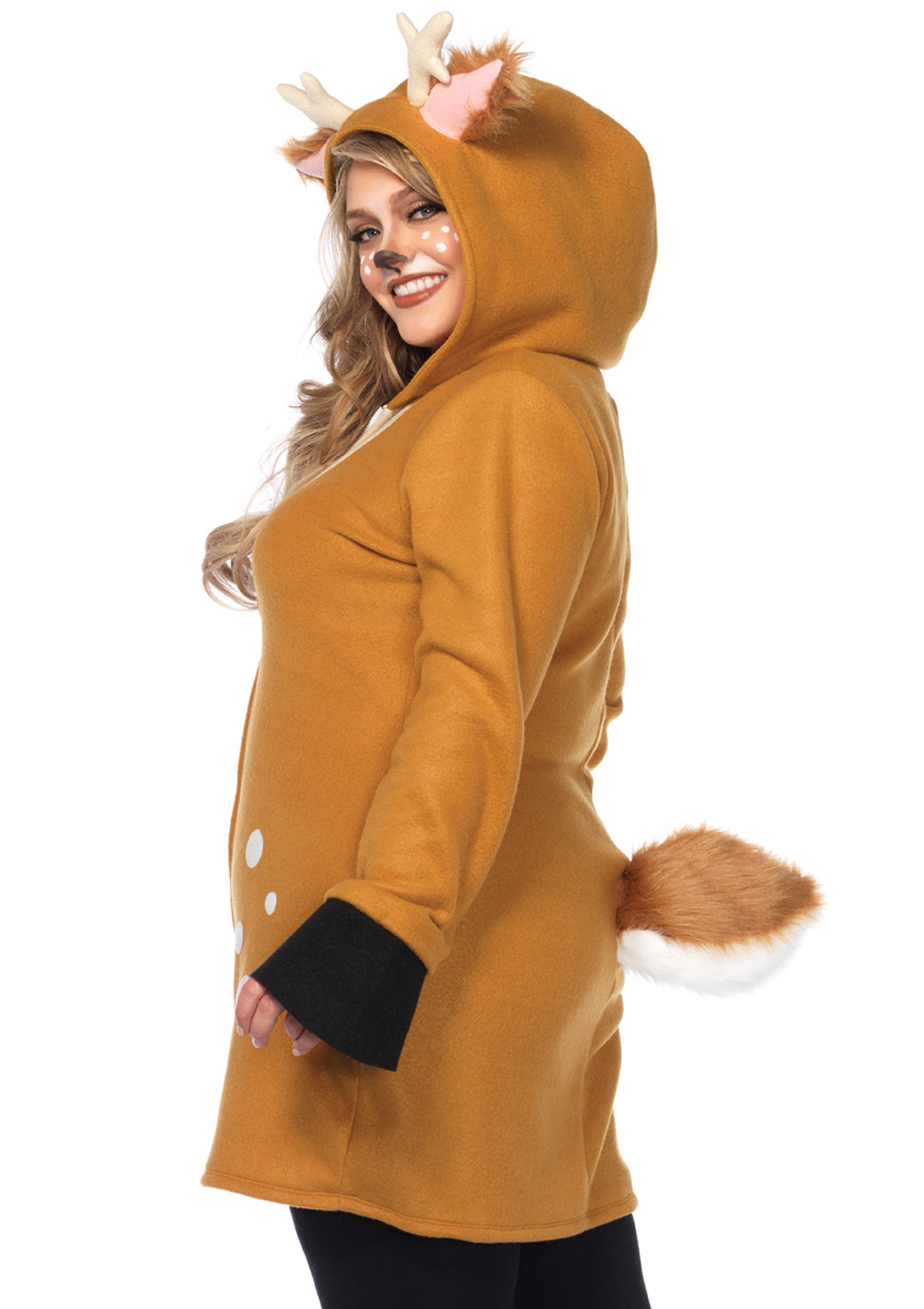 Plus Size 1 PC Cozy Fawn Costume, Includes Zipper Front Fleece Dress with Fuzzy Ear Hood and Furry Fawn Tail