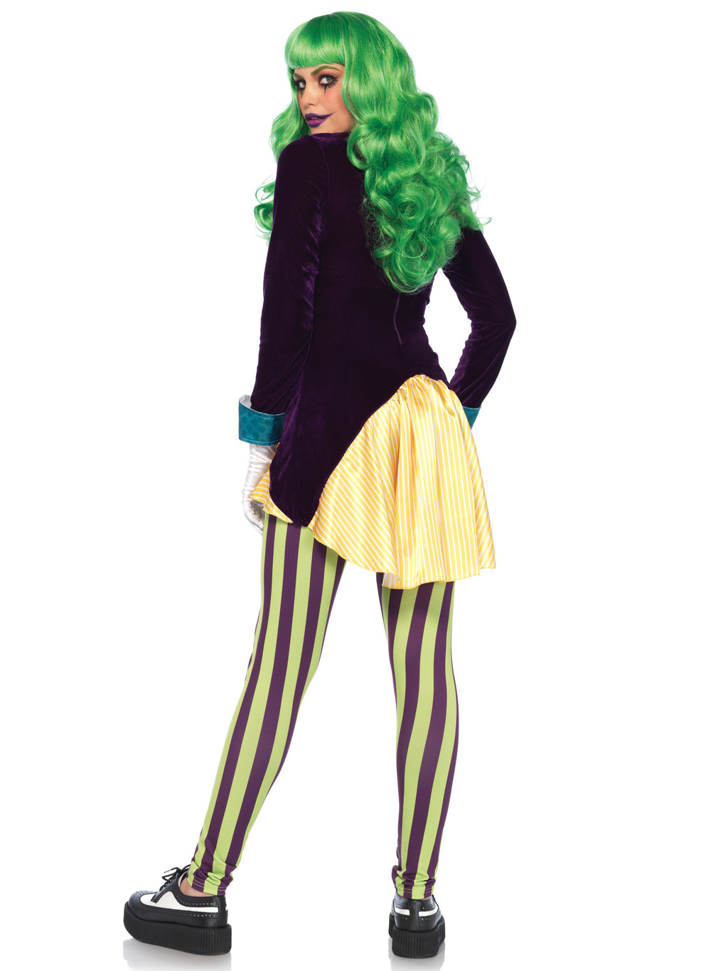 2 PC Wicked Trickster Costume, Includes Sequin Trimmed Velvet and Satin High/Low Jacket with Attached Satin Bow Tie and Matching Striped Leggings