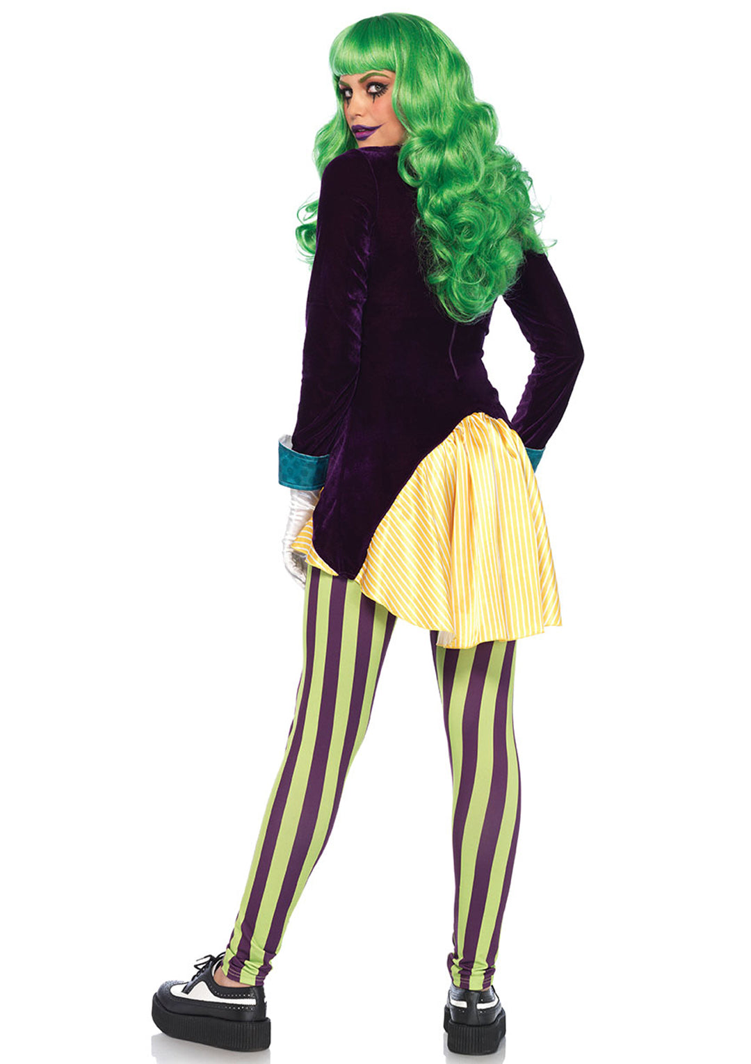 2 PC Wicked Trickster Costume, Includes Sequin Trimmed Velvet and Satin High/Low Jacket with Attached Satin Bow Tie and Matching Striped Leggings