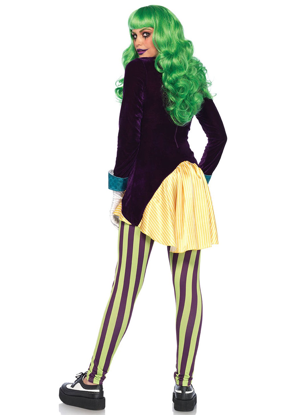 2 PC Wicked Trickster Costume, Includes Sequin Trimmed Velvet and Satin High/Low Jacket with Attached Satin Bow Tie and Matching Striped Leggings