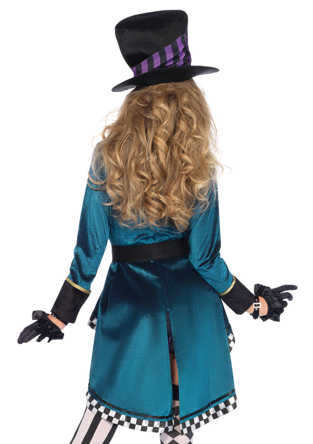 5 PC. Delightful Hatter Costume, Includes Printed Tank Dress, Checkerboard Trimmed Velvet High/Low Jacket, Belt with Ornate Buckle, Bow Tie, and Oversized Hat