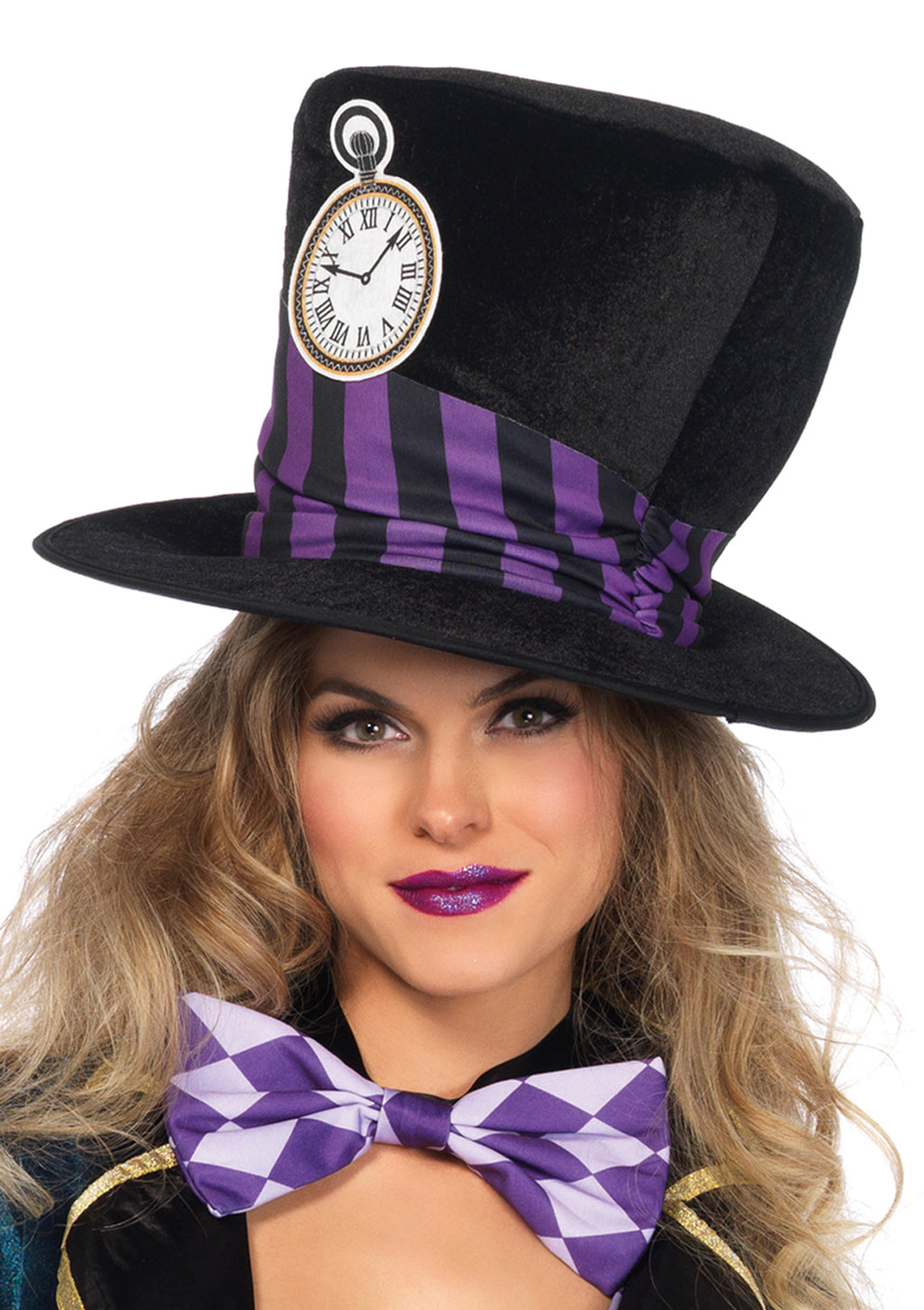 5 PC. Delightful Hatter Costume, Includes Printed Tank Dress, Checkerboard Trimmed Velvet High/Low Jacket, Belt with Ornate Buckle, Bow Tie, and Oversized Hat