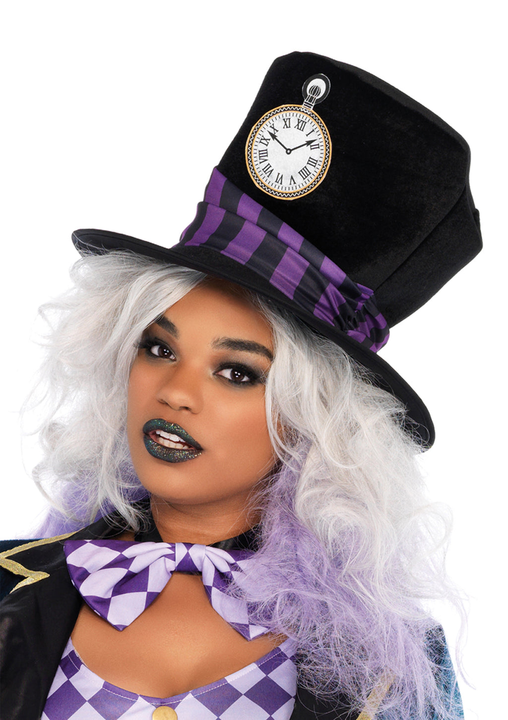 Plus Size 4 PC Delightful Hatter Costume, Includes Velvet High/Low Coat Dress with Checkerboard Trim, Belt with Ornate Buckle, Bow Tie, and Oversized Hat