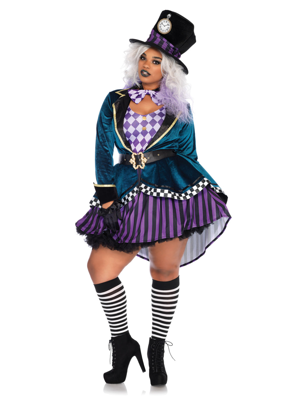 Plus Size 4 PC Delightful Hatter Costume, Includes Velvet High/Low Coat Dress with Checkerboard Trim, Belt with Ornate Buckle, Bow Tie, and Oversized Hat
