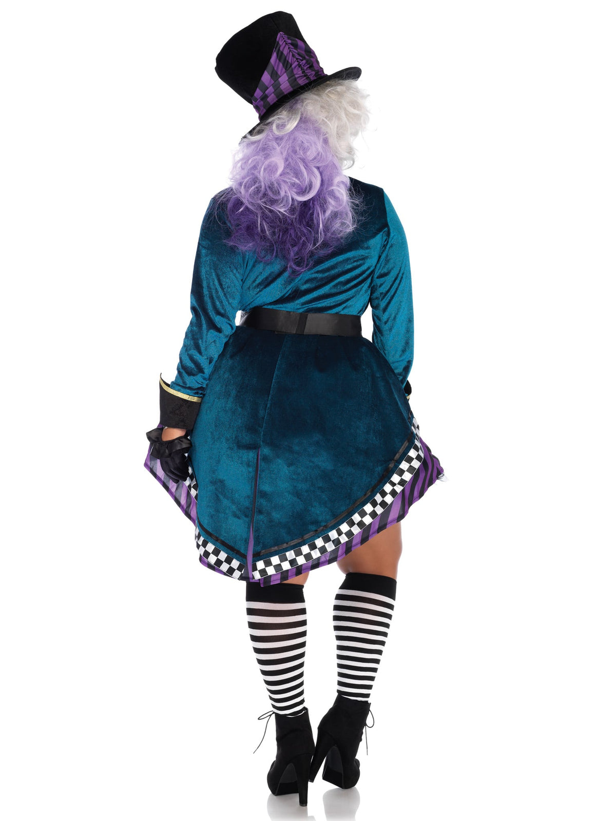 Plus Size 4 PC Delightful Hatter Costume, Includes Velvet High/Low Coat Dress with Checkerboard Trim, Belt with Ornate Buckle, Bow Tie, and Oversized Hat