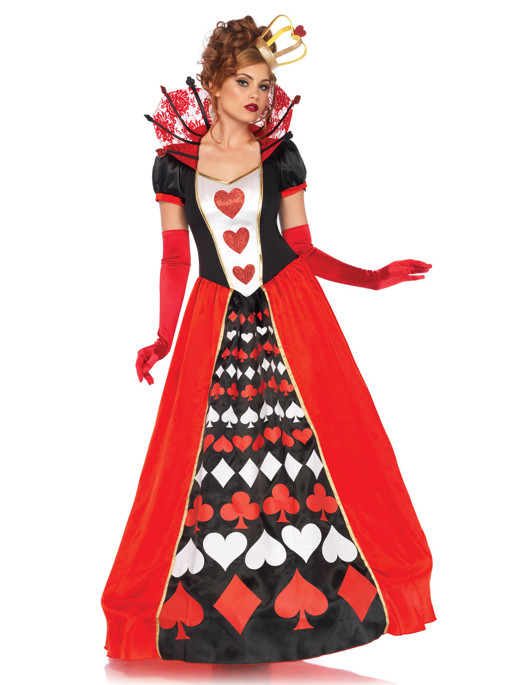 2 PC Deluxe Queen of Hearts Costume, Includes Card Suit Ball Gown with Lace Stay Up Card Suit Collar and Crown