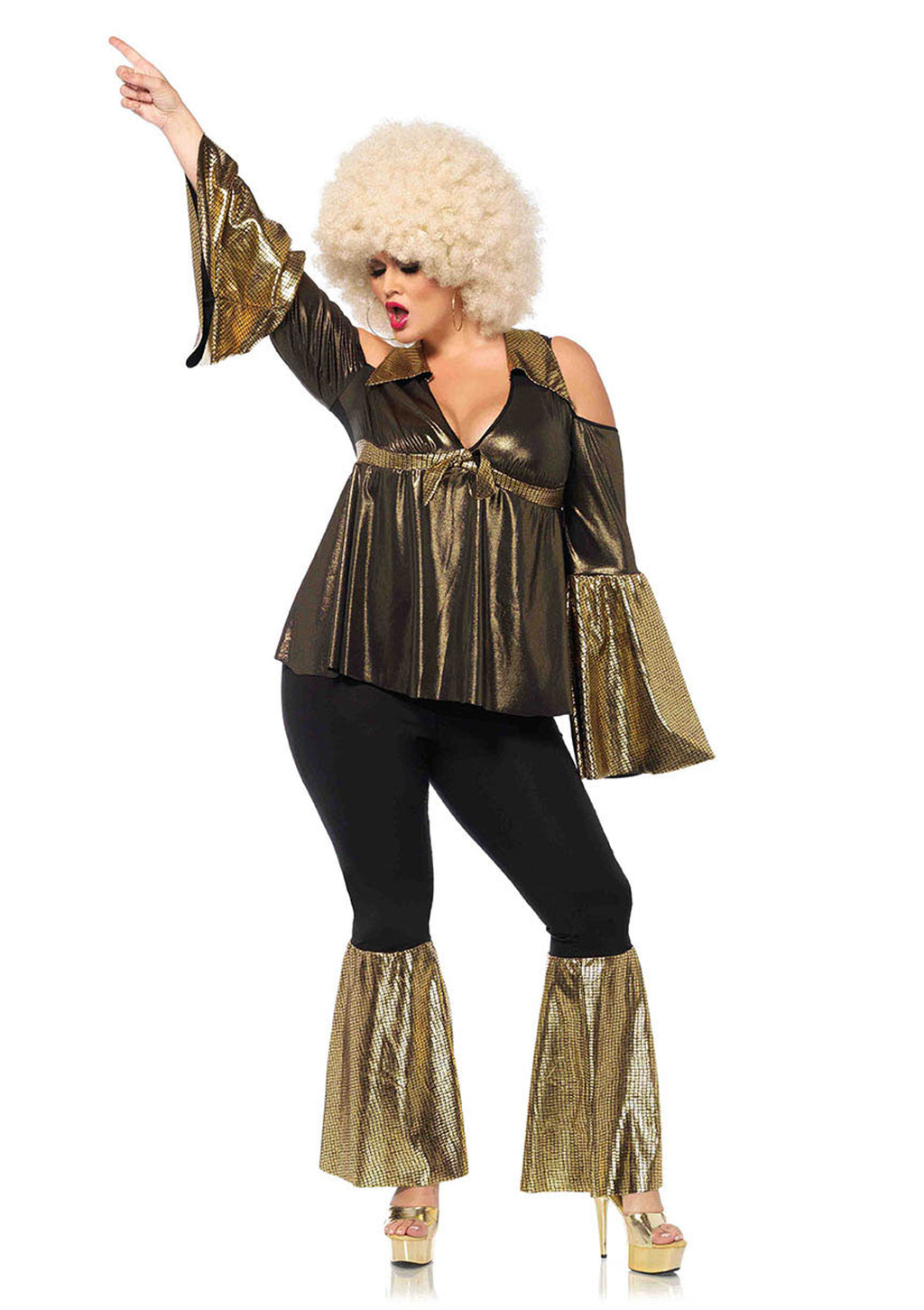 Plus Size 2 PC Disco Diva Costume, Includes Cold Shoulder Foil Shimmer Babydoll Top and Bell Bottom Pants