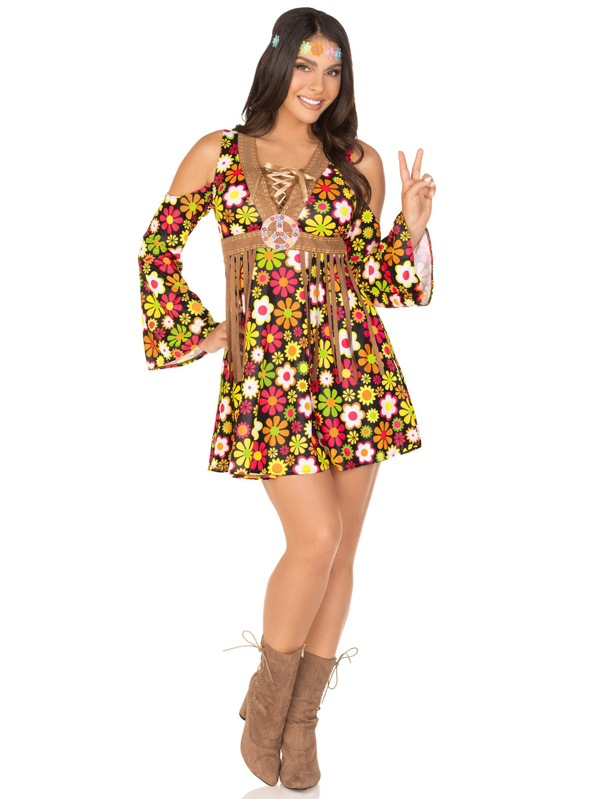 2 PC Starflower Hippie Costume, Includes Cold Shoulder Floral Fringe Dress with Peace Sign Accent and Flower Headband