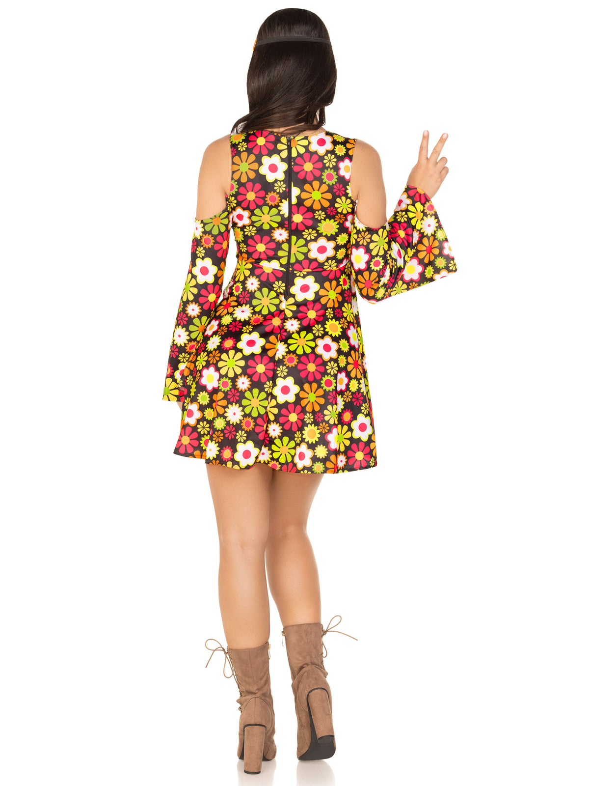 2 PC Starflower Hippie Costume, Includes Cold Shoulder Floral Fringe Dress with Peace Sign Accent and Flower Headband