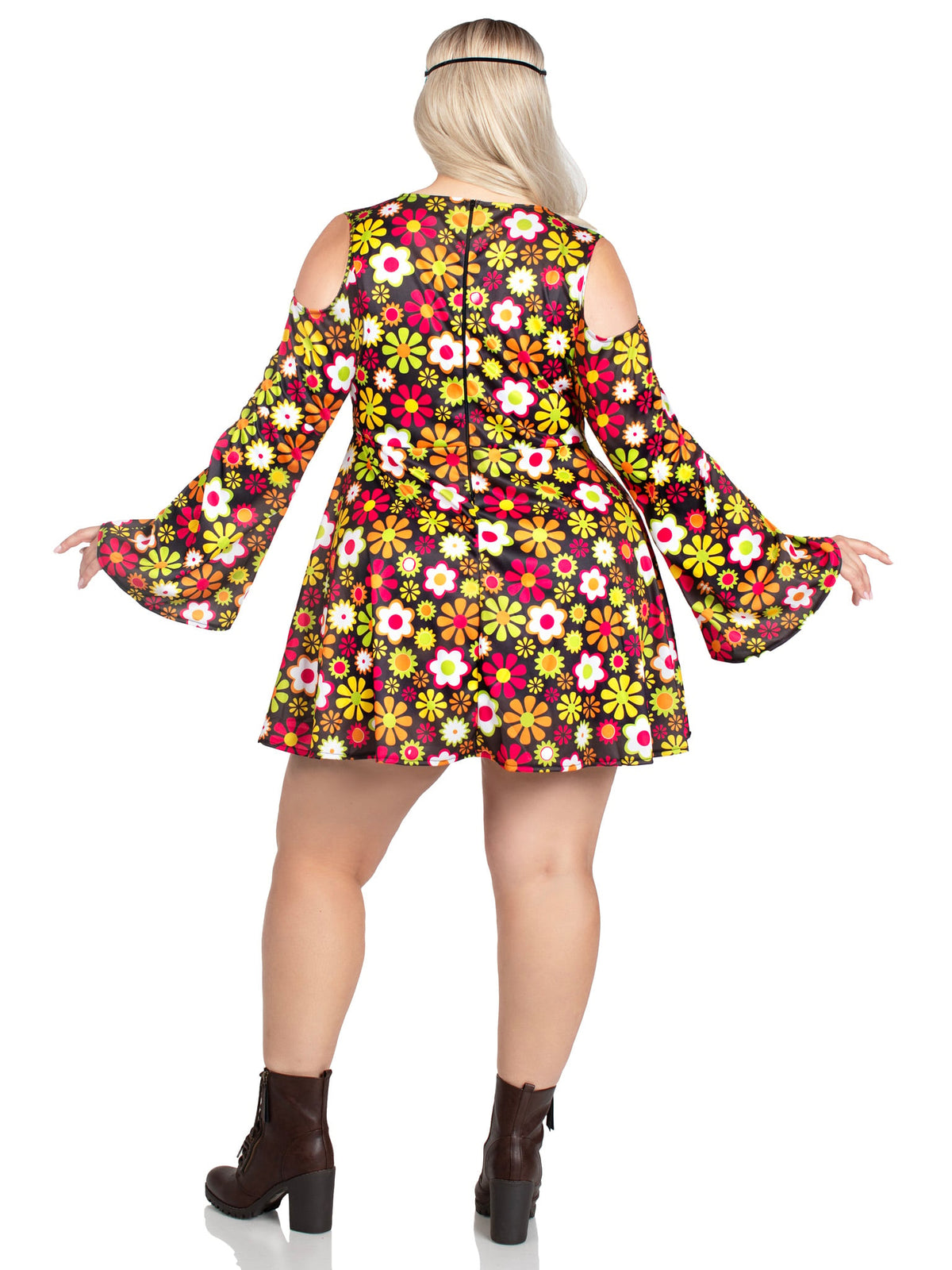 Plus Size 2 PC Starflower Hippie Costume, Includes Cold Shoulder Floral Fringe Dress with Peace Sign Accent and Flower Headband