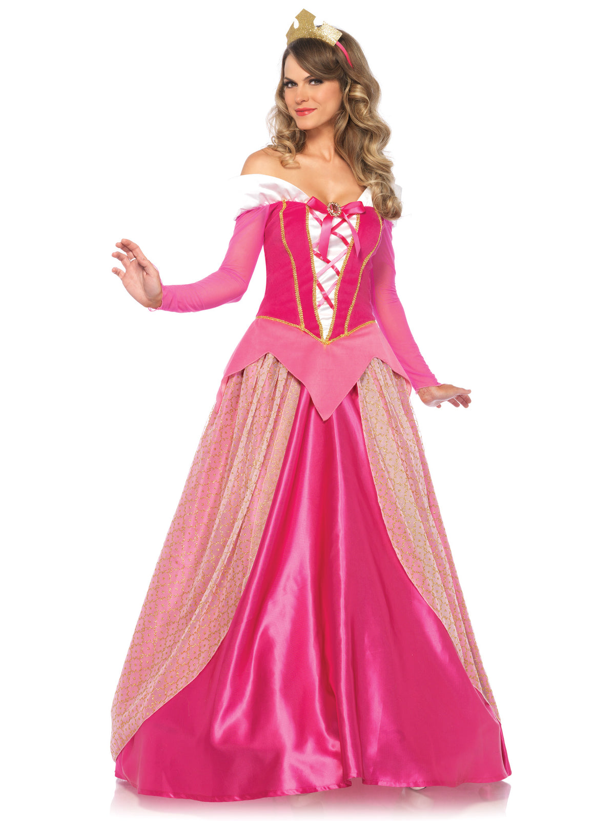 3 PC Sleeping Princess Costume, Includes Classic Velvet and Satin Ball Gown with Ornate Glitter Tulle Skirt Overlay, Clear Straps, and Golden Crown Headband