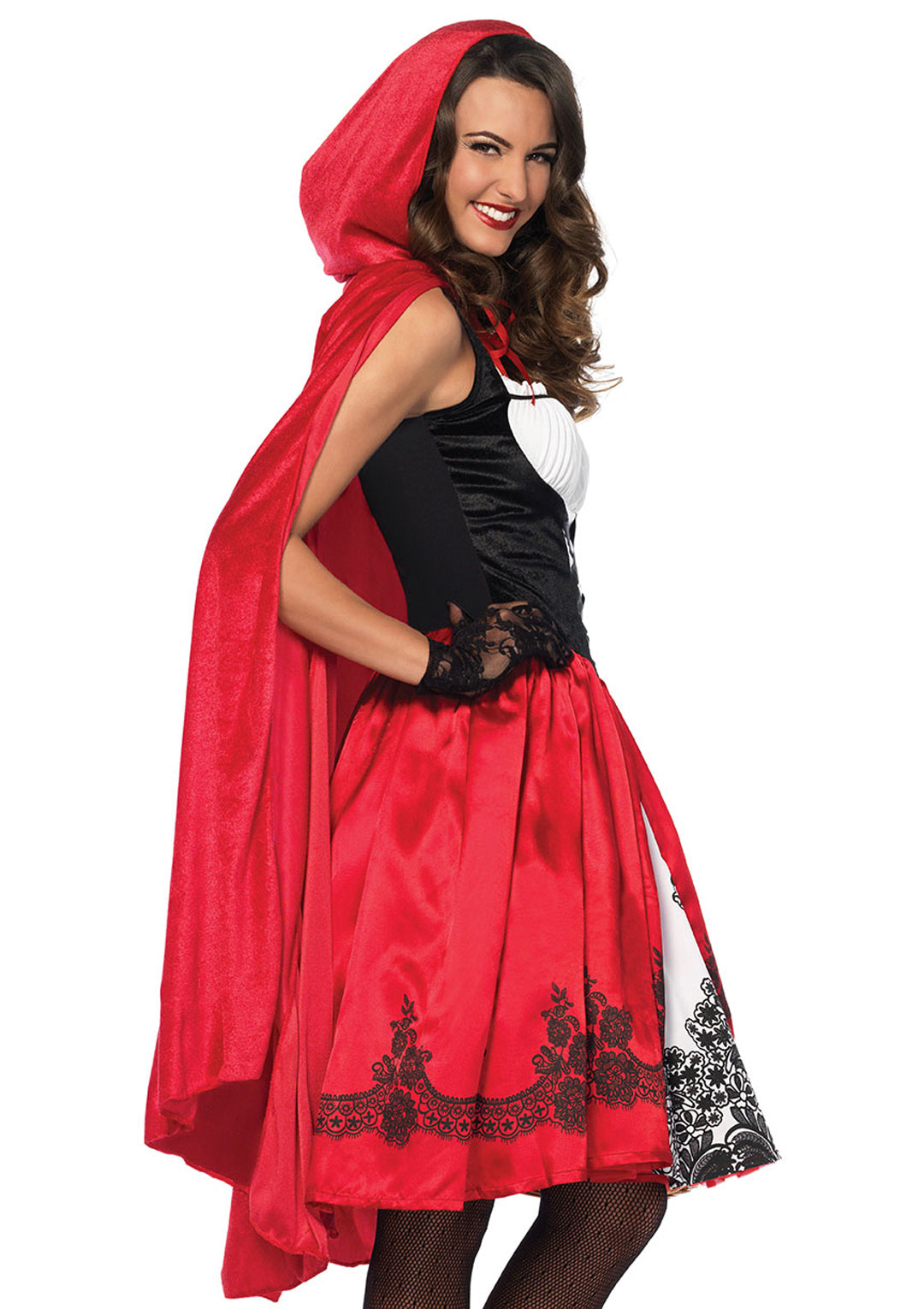 2 PC Classic Red Riding Hood Costume, Includes Tea Length Peasant Dress with Brocade Print Skirt and Long Velvet Hooded Cape