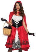 2 PC Classic Red Riding Hood Costume, Includes Tea Length Peasant Dress with Brocade Print Skirt and Long Velvet Hooded Cape