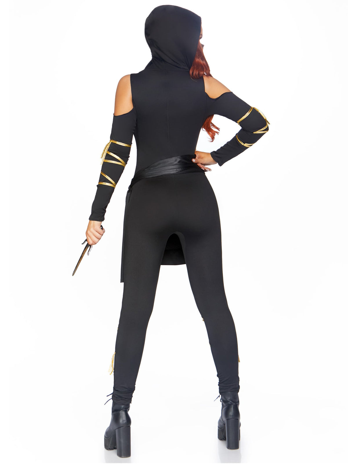 3 PC Stealth Ninja Costume, Includes Hooded Cold Shoulder Catsuit with Dragon Accents and Wrap Around Ties, Waist Sash, and Face Mask