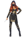 3 PC Stealth Ninja Costume, Includes Hooded Cold Shoulder Catsuit with Dragon Accents and Wrap Around Ties, Waist Sash, and Face Mask