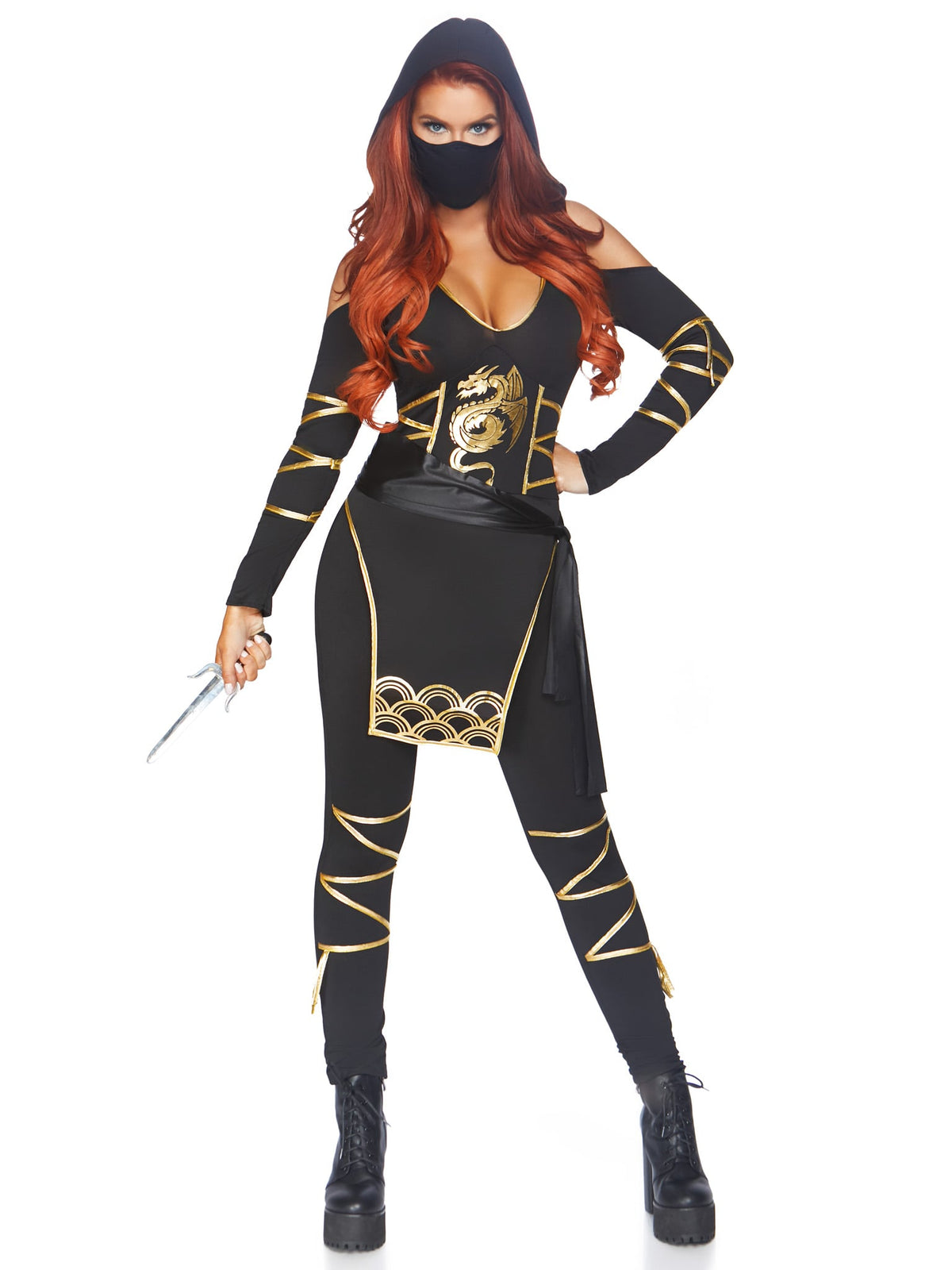 3 PC Stealth Ninja Costume, Includes Hooded Cold Shoulder Catsuit with Dragon Accents and Wrap Around Ties, Waist Sash, and Face Mask