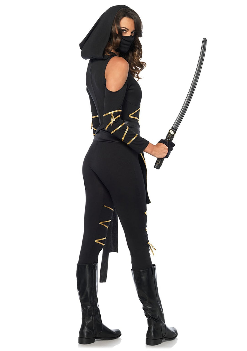 3 PC Stealth Ninja Costume, Includes Hooded Cold Shoulder Catsuit with Dragon Accents and Wrap Around Ties, Waist Sash, and Face Mask