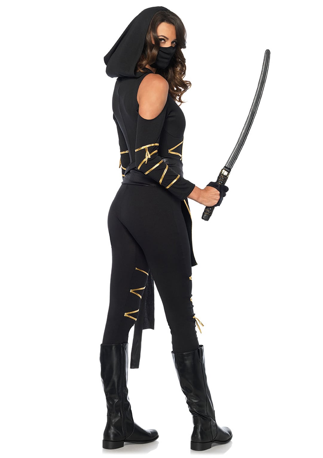 3 PC Stealth Ninja Costume, Includes Hooded Cold Shoulder Catsuit with Dragon Accents and Wrap Around Ties, Waist Sash, and Face Mask
