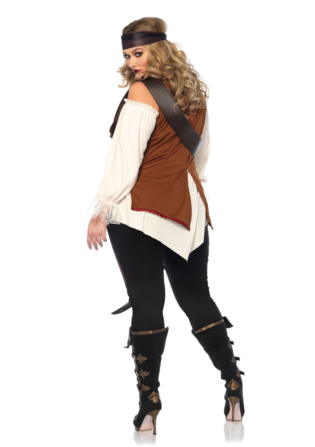 Plus Size 4 PC Captain Blackheart Costume, Includes Cold Shoulder Shirt/Vest Combo with Gold Brocade Trim, Leggings, Cross Body Strap, and Head Scarf