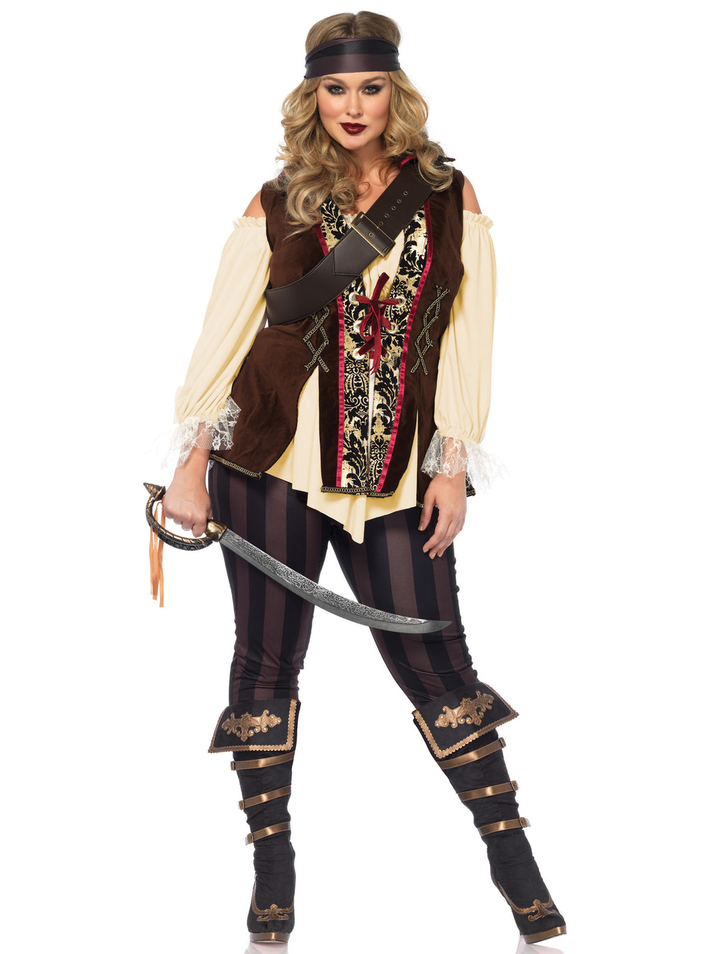 Plus Size 4 PC Captain Blackheart Costume, Includes Cold Shoulder Shirt/Vest Combo with Gold Brocade Trim, Leggings, Cross Body Strap, and Head Scarf
