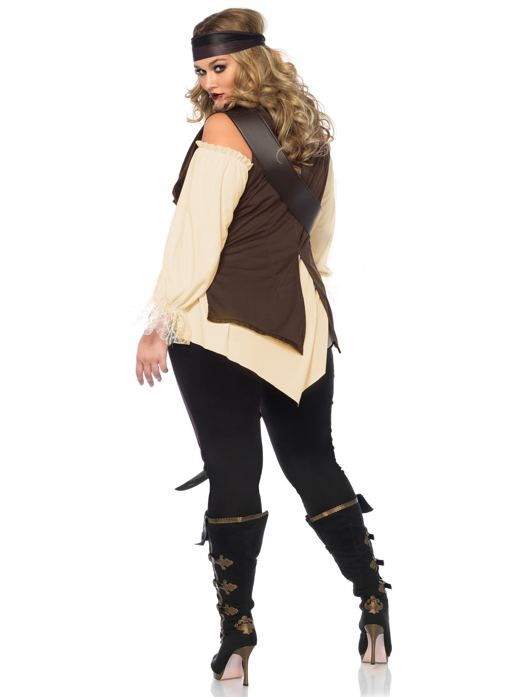 Plus Size 4 PC Captain Blackheart Costume, Includes Cold Shoulder Shirt/Vest Combo with Gold Brocade Trim, Leggings, Cross Body Strap, and Head Scarf