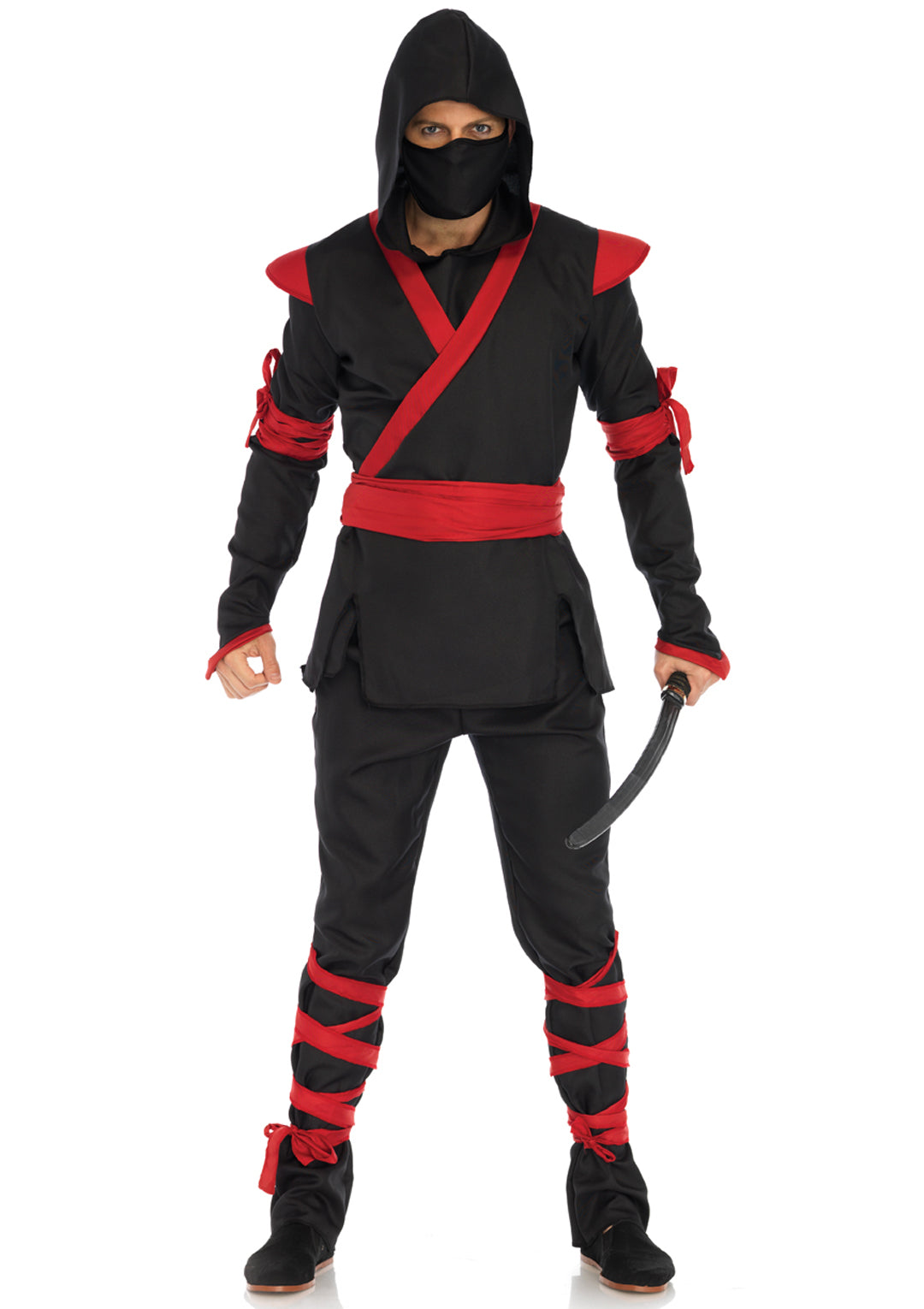 Men's 5 PC Ninja Costume, Includes Shirt and Pants with Attached Wraps, Belt, Face Mask, and Detachable Hood