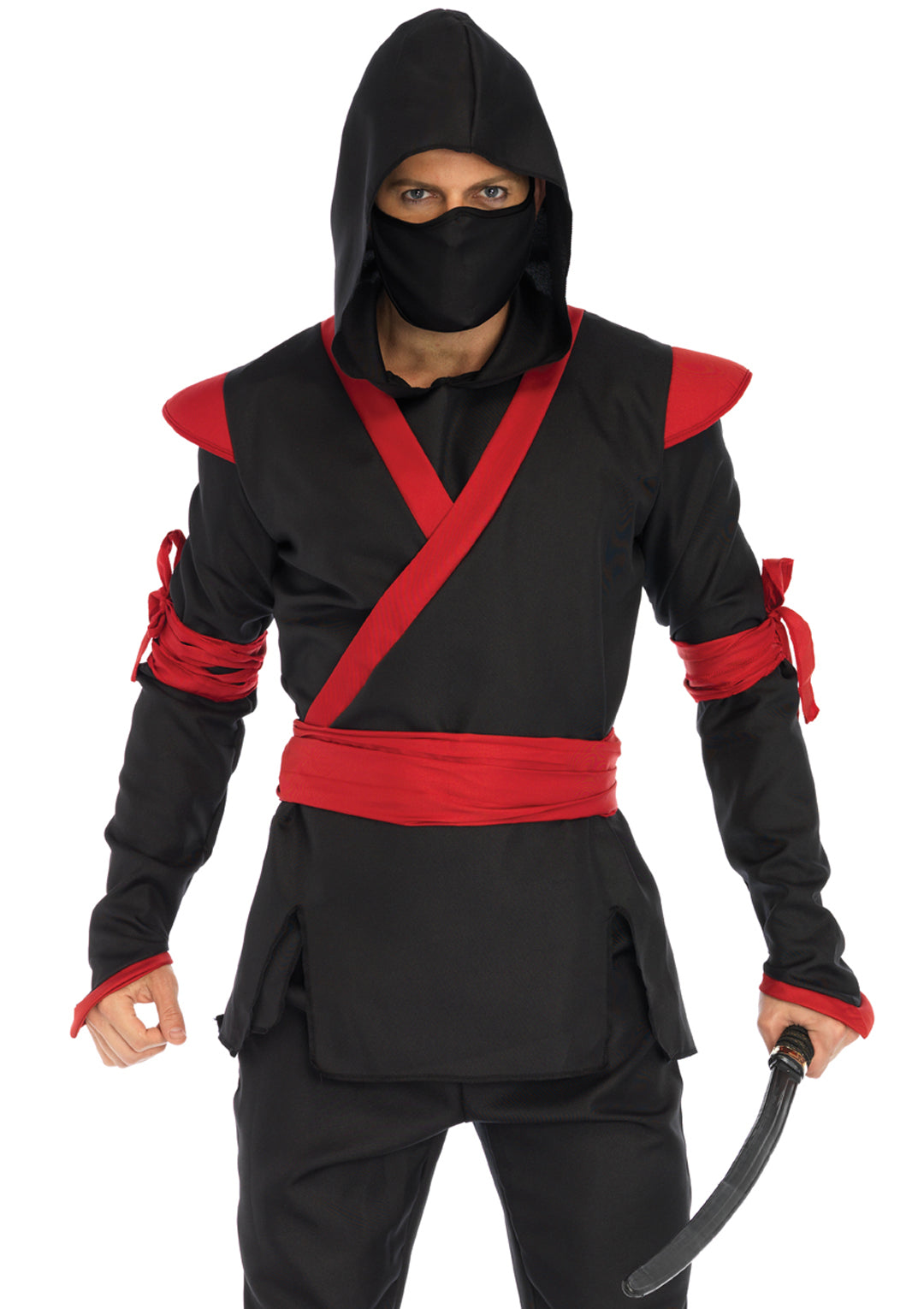Men's 5 PC Ninja Costume, Includes Shirt and Pants with Attached Wraps, Belt, Face Mask, and Detachable Hood
