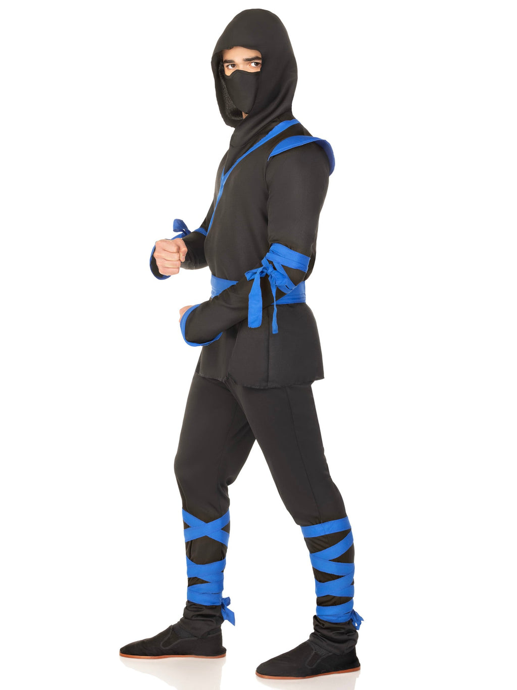Men's 5 PC Ninja Costume, Includes Shirt and Pants with Attached Wraps, Belt, Face Mask, and Detachable Hood
