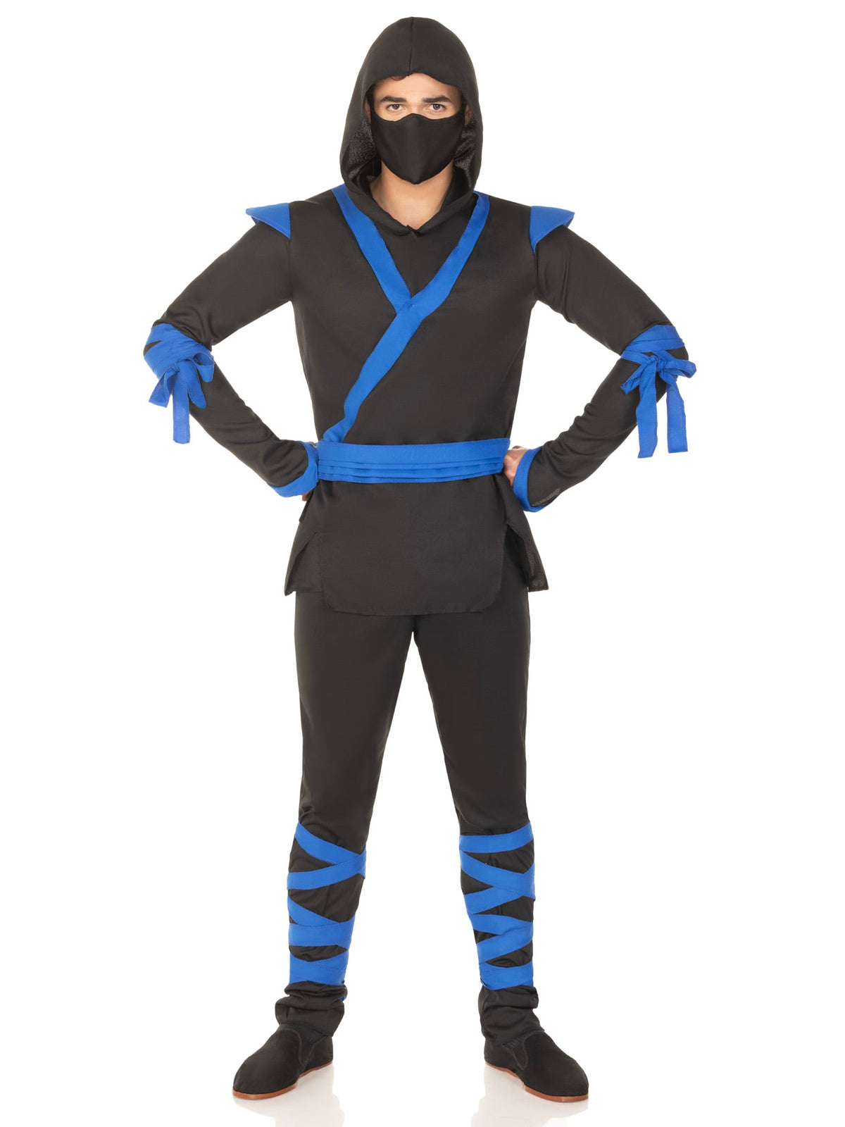 Men's 5 PC Ninja Costume, Includes Shirt and Pants with Attached Wraps, Belt, Face Mask, and Detachable Hood