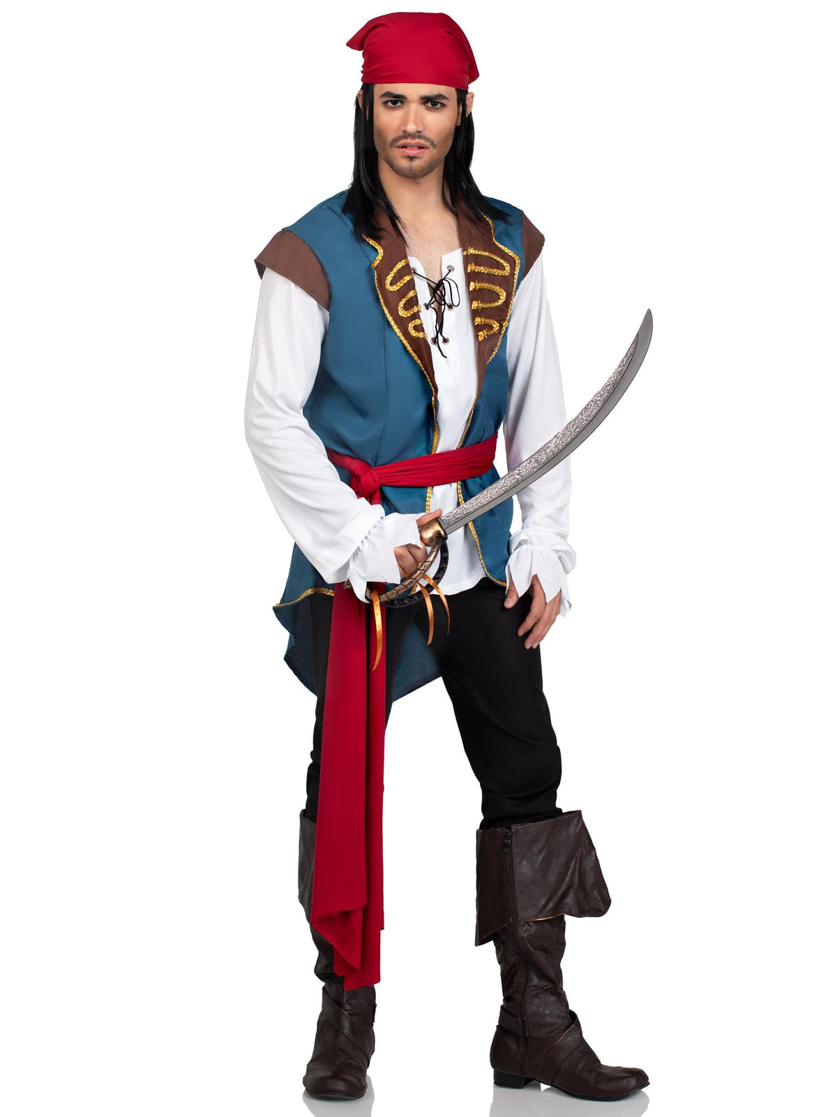 Men's 3 PC Pirate Scoundrel Costume, Includes Gold Trimmed Lace Up Shirt/Vest Combo, Waist Sash, and Head Scarf