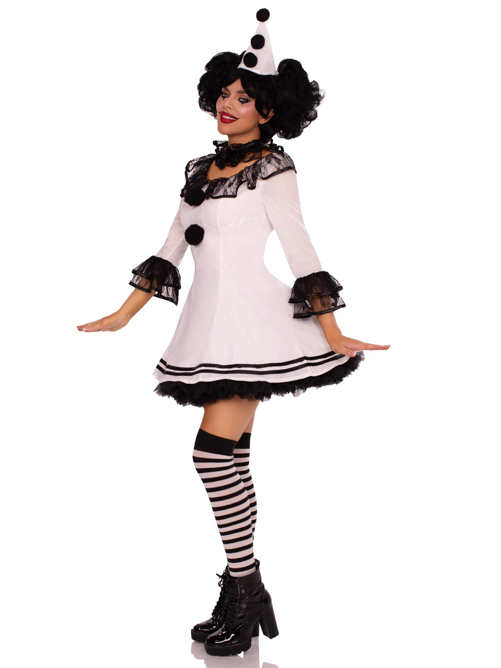 3 PC Pierrot Clown Costume, Includes Lace Trimmed Velvet Dress with Pom-Pom Accents, Ruffle Neck Piece, and Hat