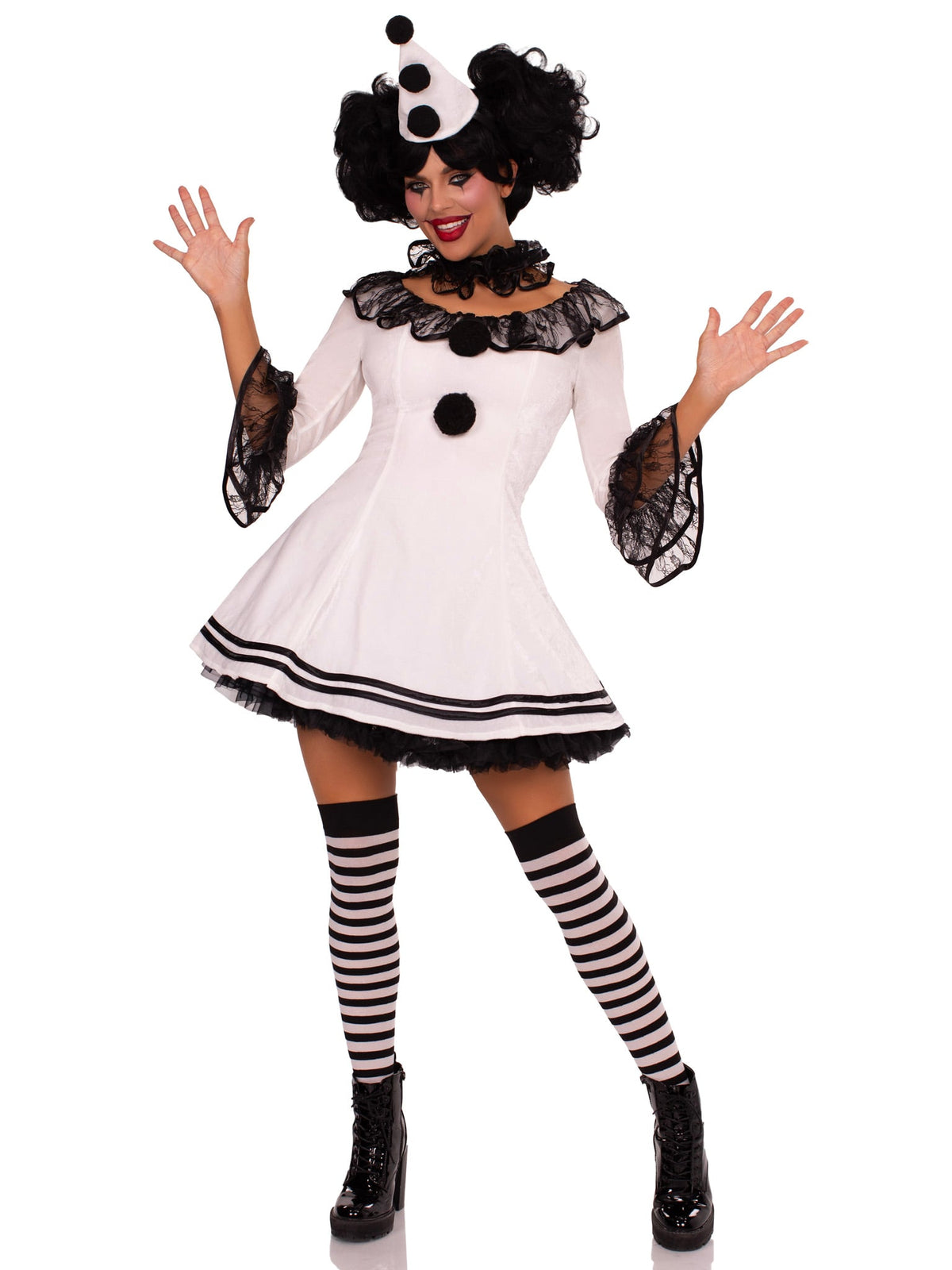3 PC Pierrot Clown Costume, Includes Lace Trimmed Velvet Dress with Pom-Pom Accents, Ruffle Neck Piece, and Hat