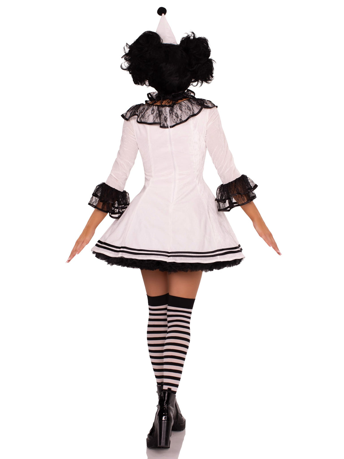 3 PC Pierrot Clown Costume, Includes Lace Trimmed Velvet Dress with Pom-Pom Accents, Ruffle Neck Piece, and Hat